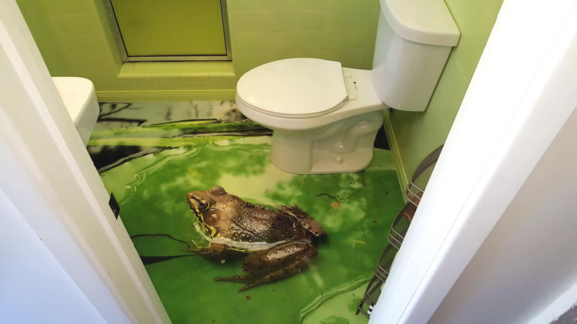 Photo of a custom epoxy floor that looks like a pond with a frog in it